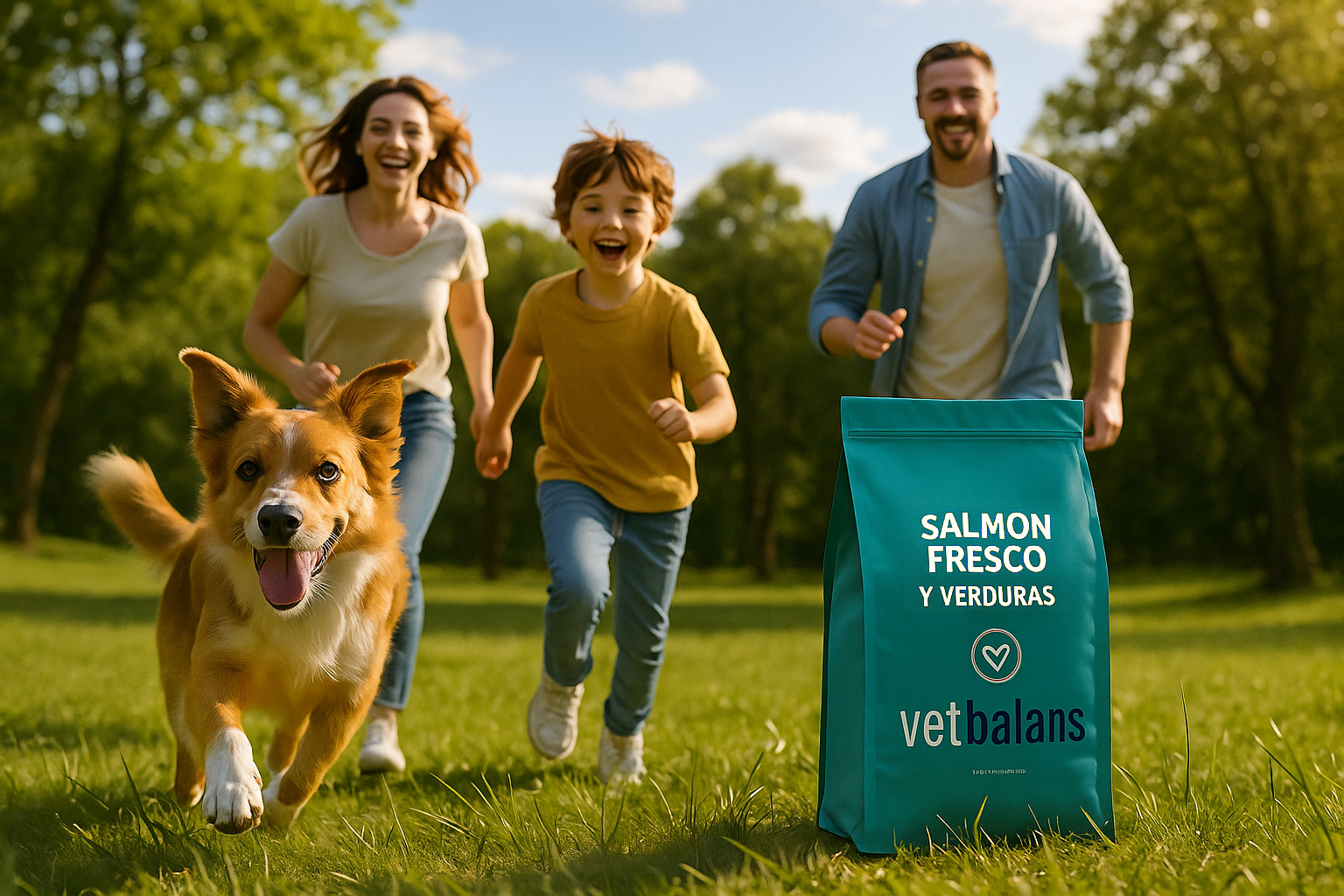 Family with dog and VetBalans product